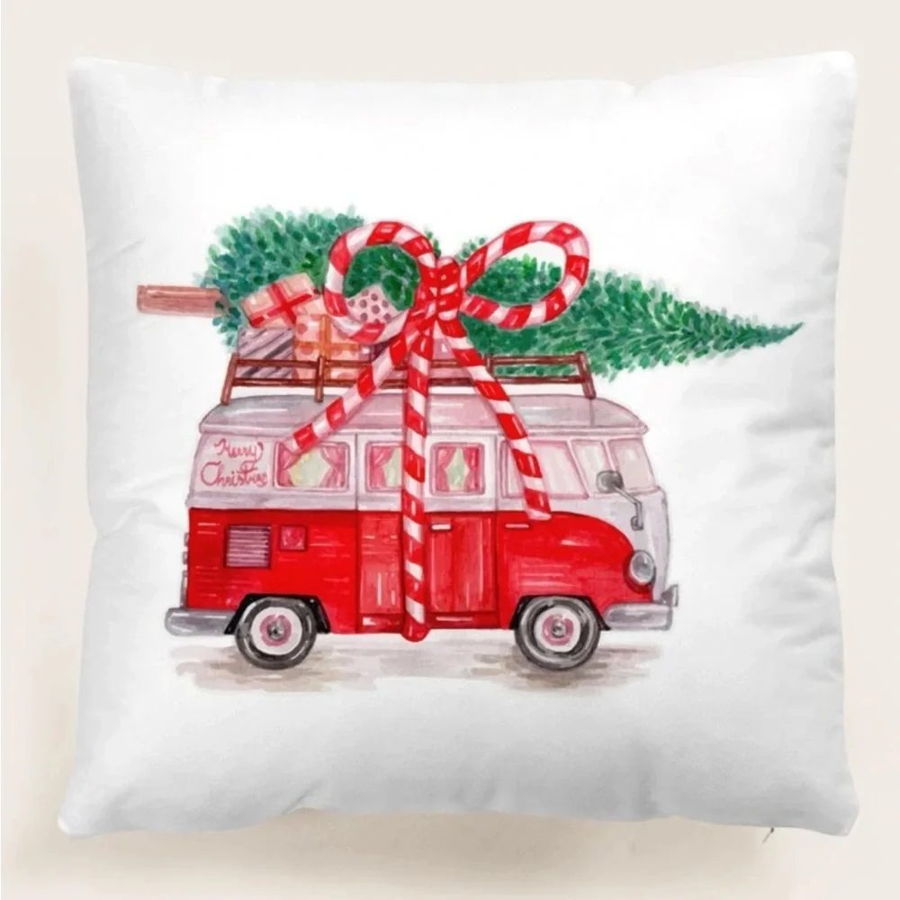 Luxury Home | Chic Christmas Vintage VW Van with Tree Holiday Throw Pillow Cover